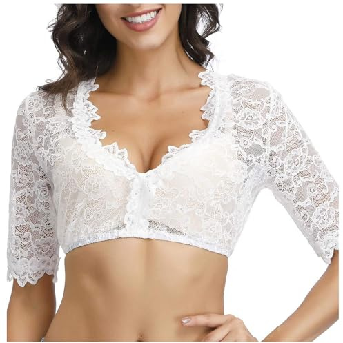 Roseyan Femme Dirndlbluse Dentelle Blouse Blanche Oktoberfest Costume Demi-Manchette Elégante Blouse 40 Dirndl Blouse de Haute Qualité avec Dentelle Romantique