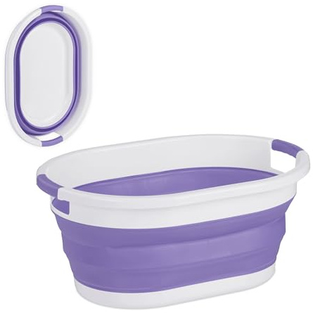 Relaxdays Cesto Portabiancheria Pieghevole, 24 Litri, Contenitore Salvaspazio in Plastica con Impugnature, Viola Bianco