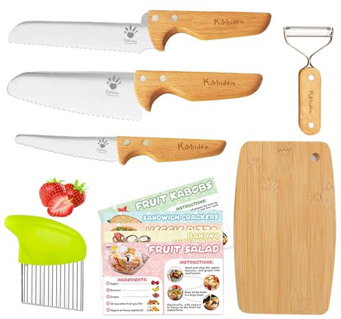Kibbidea Set di coltelli da cucina per bambini, 7 pezzi, in acciaio inox, per tagliare frutta o verdura, coltello da cuoco, coltello da frutta, pelapatate, coltelli per bambini dai 3 anni in su