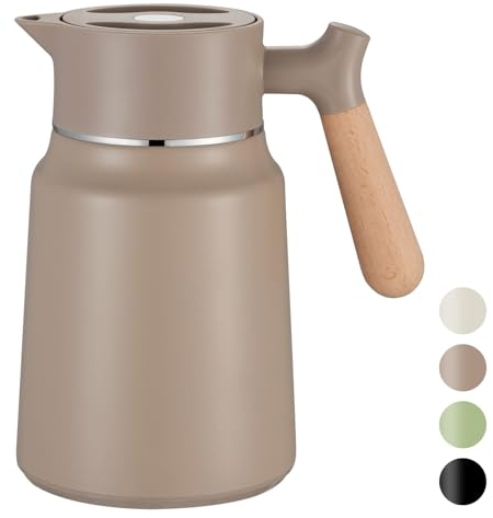 VETIN 1,5L Thermoskanne, Teekanne Thermo 304 Edelstahl Doppelwandige Vakuumisolierung, Isolierkanne mit Holzoptik Griff, Kaffeekanne Thermo 10h Hitze / 16h Kälte (Khaki)