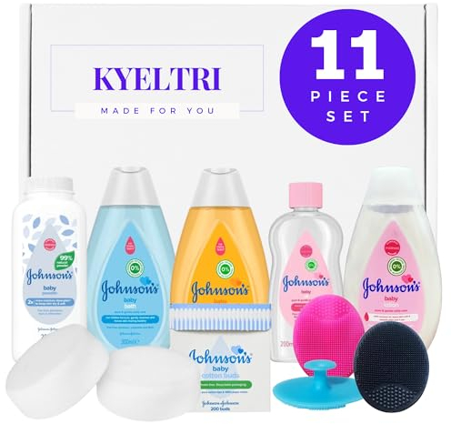 Baby Bath Set Bundled with Johnson's Baby Toiletries and Kyeltri Silicone Baby Brushes for Cradle Cap and Baby Massage with Baby Sponges