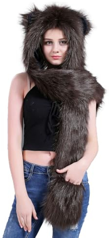3 in 1 Winter Hat for Women Cuddly Wolf Hood Scarf and Gloves Faux Fur Warm Hat with Bear Ears, Paw Prints Mittens Pocket Furry Hoodie Animal Headwear Halloween Cosplay Costumes