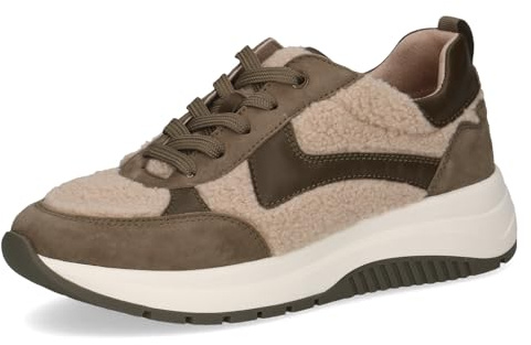 CAPRICE Women's Low-top Platform Sneakers with Teddy Fleece Lining, Green (Khaki/Fur), 4 UK