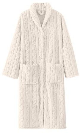 Bata larga de felpa para mujer, bata de baño de forro polar grueso jacquard con botones y bolsillos, acogedora y suave, para invierno, otoño, descanso, spa, cómoda ropa para el hogar