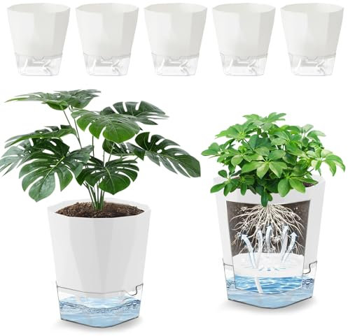Selbstbewässerungstopf, 6 stücke Kräutertopf Selbstbewässernd, 12.5cm Blumentopf mit BewäSserungssystem, Übertopf mit Wasserspeicher und Baumwollseil, für Alle Zimmerpflanzen, Blumen und Kräuter