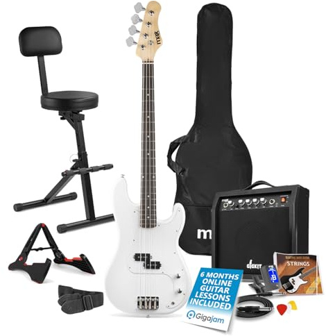 Max GigKit Beginner Bass Guitar Bundle in White with 40W Amplifier, Guitar Stool with Backrest & Complete Accessories Starter Pack for New Musicians & Students