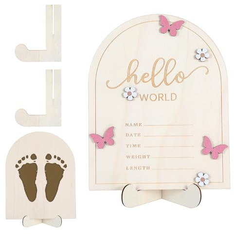 Nogeqi Tarjetas de hitos de madera para bebé, cartel de madera con texto en inglés Hello World, cartel de bienvenida para recién nacidos, margaritas, mariposas, madera rosa, indicador de nacimiento