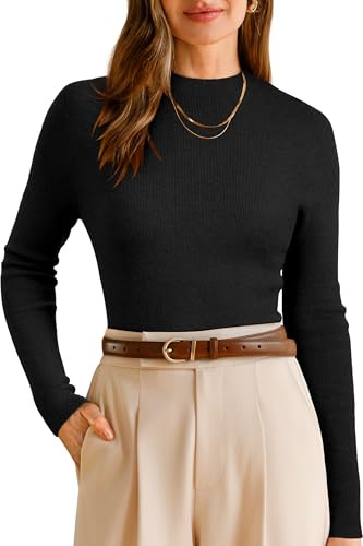 Arach&Cloz Womens 2025 Wool Fall Winter Clothing Seamless Long Sleeve Shirts Knit Mock Turtleneck Lightweight Tops Work Business Casual Outfits Trendy Cashmere Pullover Sweater Office Clothes Black L