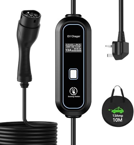 EV Charger: Type 2 to 3-Pin | 3/5/10M Cable | 3kW | 8/10/13A Adjustable Current | Schedule Charging | LED Electric Vehicle Charging Cable, Carry Bag & Advanced Protection for EVs & PHEVs (10, Metres)