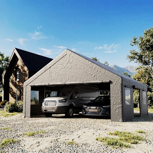 COSIEST 20'×20' Storage Shelter Outdoor Gable Roof Carport with Removable Side Walls, Heavy-Duty Garage Canopy Weatherproof PE Cover, Multi-Purpose Vehicle/Tractor Shed for Backyard/Driveway/Farm