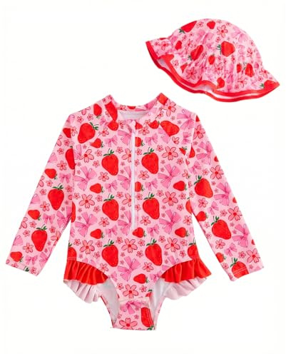 JiAmy Maillot de bain pour bébé fille avec chapeau de soleil, manches longues, protection UV, maillot de bain pour bébé fille, Fraise rose., 9-12 mois