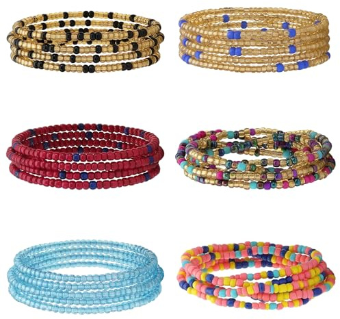 6 Pack 31.5 Inches Waist Bead Chains for Women, Stretchy African Belly Chain Stomach Beads Body Chains Elastic Colorful Jewelry Accessories for Women Plus Size Beach Bikini Jewelry