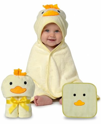 HECKBO Asciugamano per Bambini con Cappuccio a forma di Pulcino + panno - da 0 anni - Novità: 2 chiusure a scatto per una chiusura flessibile - 90x100cm - Telo da bagno per bambini