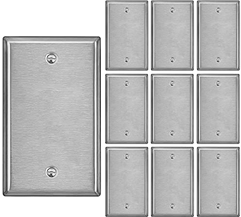 [10 Pack] BESTTEN No Device Stainless Steel Wall Plates with Ｗhite or Clear Plastic Film, Blank Metal Outlet Cover, Durable Corrosion-Resistant Industrial Grade Materials, H4.53” x W2.76”