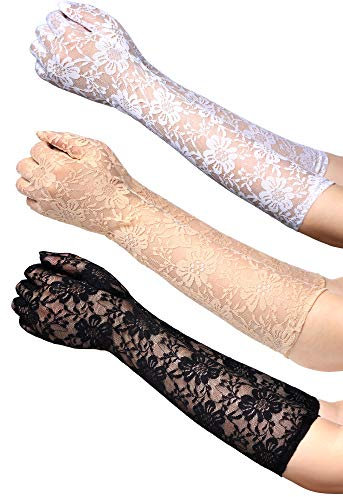 Boao 3 Pairs Long Lace Gloves for Women Floral Lace Gloves Vintage Elbow Length for Wedding Dinner Parties, 3 Colors(15.75 Inch,Black, White, Beige)