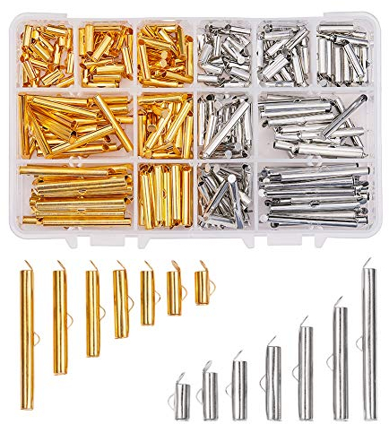 PandaHall 240pcs 7 Size Slide On End Verschluss Schieber Verschlüsse Tubes Slider End Caps Crimp End Tube Rohre Terminatoren für Multi-Strang Halskette Armband Schmuckherstellung, Platinum/Golden