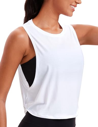CRZ YOGA Mujer Crop Top Camiseta Sin Mangas de Fitness Ropa Deportiva Cuello Redondo Blanco 38