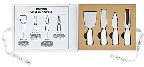 Santa Barbara Design Studio Gift Set Kitchen Essentials Face to Face Designs Black and White Cardboard Book Gift Box, 4-Pieces, Say Cheese Ceramic Cheese Knives