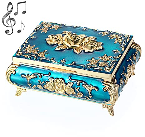 SumnaCon Carillon portagioie in metallo, organizer vintage con rose in rilievo, per Natale, compleanno, San Valentino (melodia: You Are My Sunshine, blu e oro)