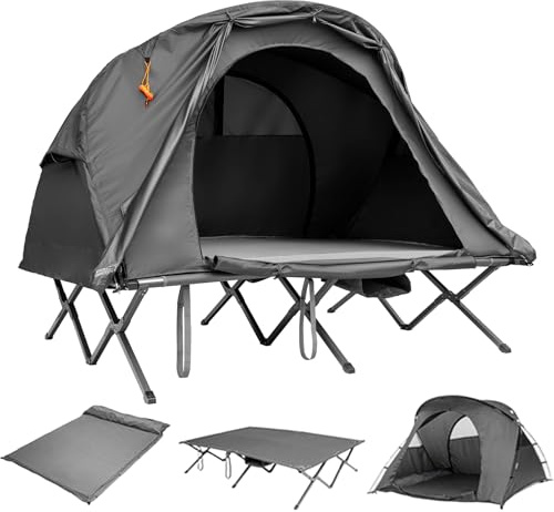 GYMAX 4-en-1 Tente de Camping 2 Personnes, avec Matelas Autogonflant, Double Toit Imperméable, 600D Tissu Polyester, Support Charge Max.300KG, Sac de Transport avec roulettes (Gris)