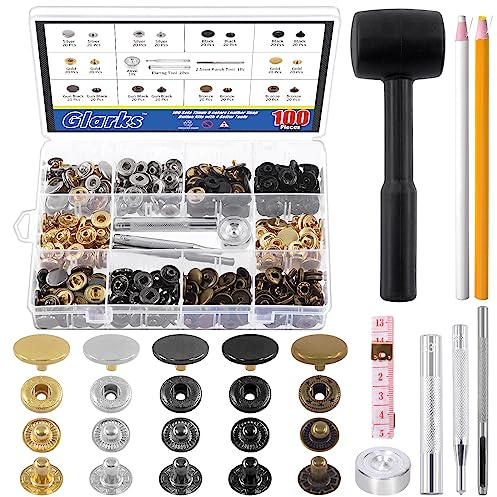Glarks 100 Sets Leather Snap Fasteners Kit, 15mm 6 Colors Metal Snap Buttons Press Studs with 7Pcs Setting Tools, Hammer, Grease Pencils and Tape Measure for DIY Leather Craft, Clothes, Bags
