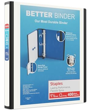 Staples Better Binder, 1.5 Heavy‑Duty D‑Ring 3‑Ring Binder, White, Reinforced Spine, Holds 400 Sheets, Long‑Lasting School & Office Organizer, 3‑Pack