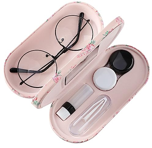 MoKo Double Eyeglass Case, 2 in 1 Double Sided Portable Glasses Case Contact Lens Case with Mirror Eye Glasses Carrying Bag Anti-Scratch Sunglasses Pouch Protective Eyewear for Men&Women, Pink Flowers