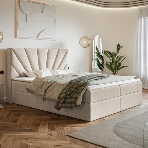 MOTIVENA Aspen Boxspringbett 180x200 mit Bettkasten und Topper, Polsterbett 180x200 mit Bettkasten, Taschenfederkern-Matratze (H3), Visco Memory-Foam Topper (H2), Samt, Beige (Creme)