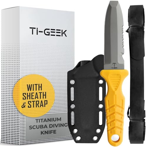TI GEEK Titanium Survival Scuba Diving Fixed Blade Knife with Sheath & Straps - Holster on Divers BCD, Thigh/Leg, GC Belt Buckle or Wrist, Cutting, Serrated Edge & Line Cutter - Yellow Blunt Tip