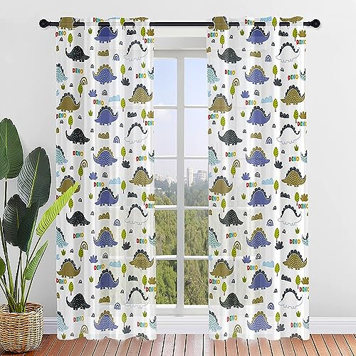 ENEN Lot de 2 Rideau Voile, Rideau Voilage Translucides Rideaux avec Oeillets pour Salon, Coucher Voilage Fenetre avec Girafe 3D, Chambre d'enfant Panneaux de Rideaux (55x95cm,Dinosaure)