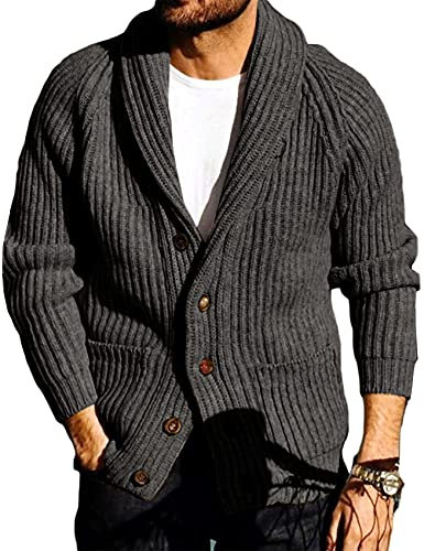 Runcati Herren-Strickjacke, grob, Schalkragen, Zopfmuster, lockerer V-Ausschnitt, Strickwaren, Oberbekleidung, dunkelgrau, Large