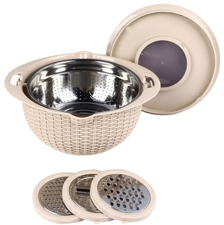 Bol Passoire 4 en 1, Passoire de Cuisine Rotative en Acier Inoxydable, Nettoyeur de Fruits et Légumes avec Outils de Tranchage pour Tremper le Lavage et L'égouttage (Beige)