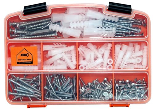 Netzerkoz 325 st Holzschrauben und Dübel Set, Kreuzschlitz Senkkopf Schrauben mit Dübel - Spanplattenschrauben Sortiment mit Aufbewahrungsbox und Magnetspindel Bohrspitze