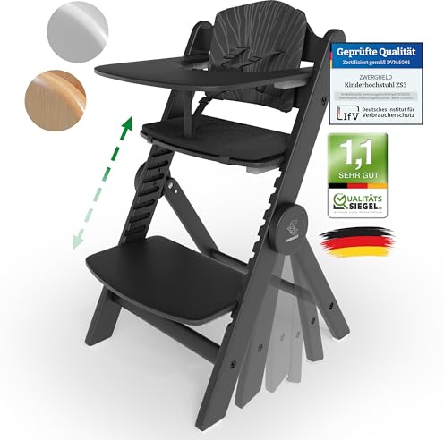 ZWERGHELD® Premium Kinderhochstuhl ZS3 Set - mitwachsend klappbar verstellbar, Hochstuhl Baby ab 6 Monaten bis 90kg belastbar, mit Essbrett - Treppenhochstuhl Kinderstuhl Holz High Chair (pearl-black)