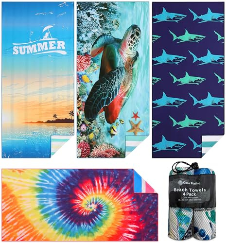 Casa Platino 4-Pack Microfiber Beach Towels – Extra Large 71x32 Sand-Free & Quick-Dry – Lightweight, Soft & Stylish Double-Sided Pool, Travel, Swim & Camping Towels for Men, Women & Kids – Bronte