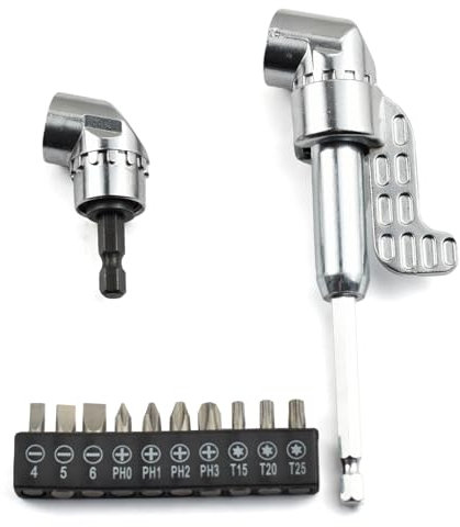 BIGP Adattatore per avvitatore angolare da 105°, angolo con attacco a vite multi-funzione, attacco esagonale da 1/4, ingranaggio angolare per lavori di costruzione in garage (lungo + corto)