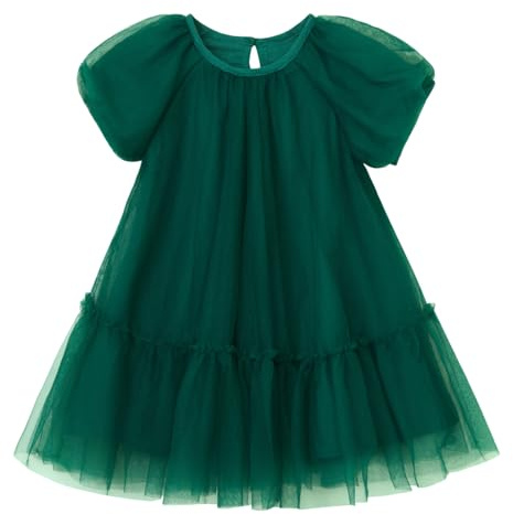 Ugitopi - Abito in tulle per ragazze con fodera in cotone – Elegante abito da festa a linea A con maniche a palloncino, gonna a strati multiplo & comfort per bambine attive, verde scuro, 3 anni