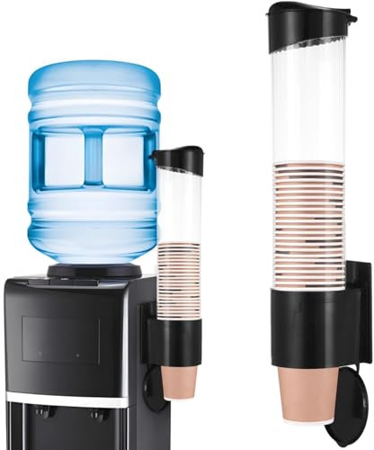 Disposable Paper Cup Dispenser, Pull Type Wall Mount Cup Holder for Water Cooler, Plastic Cup Organizer with Adhesive Plate & Screws for Home, Office, Hospital, Fit 5oz-7oz Cups (Black)