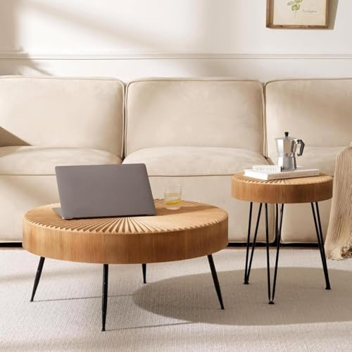 Cagnolier Soffbord, rund, set om 2, vardagsrumsbord, runt trä i linjär design, kaffebord, runt med svarta metallben, soffbord i vardagsrummet (Ø 77 x 36 cm med 40 x 47 cm, linjär design)