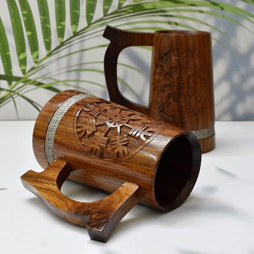 India House Boccale in legno per birra, stile vichingo, 590 ml, boccale da birra in legno naturale, regalo di nozze e compleanno per lui (set di 2 boccali in legno vichingo)