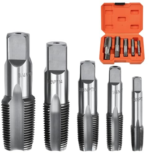 Zithgen Tarauds à Fileter | Taraud NPT | Jeu de 5 Tarauds à Tuyauterie Acier au Carbone | 1/8 1/4 3/8 1/2 3/4 | pour Filetage Gaz Plomberie Mécanique