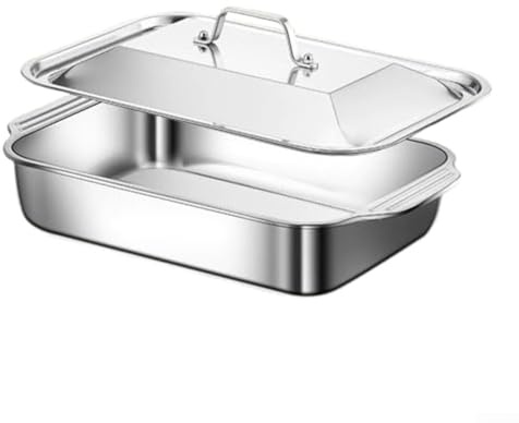 Stainless Steel Lasagna Tray 18x11 Inch Commercial Bakeware with Flanged Lid and Cool-Touch Handles, Deep Oven Roasting Pan for Large Casseroles, Roasted