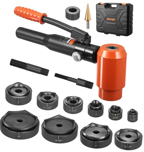 VEVOR Kit di Perforazione Manuale, Set di Punzoni Idraulici da 15 T Kit di Utensili KO per Realizzazione di Fori 1,27 a 10,18 cm 10 Matrici per Armadi in Metallo, Controllo e Quadri Elettrici