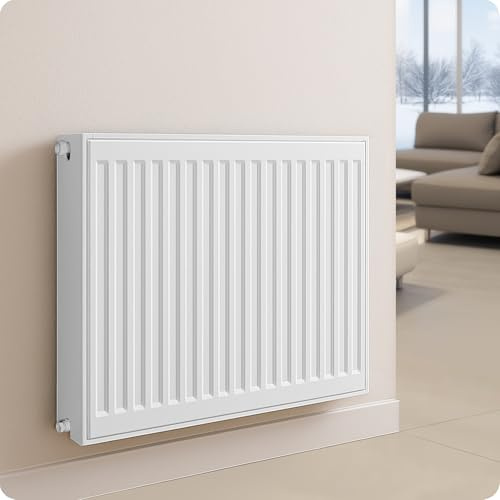 Belvit Radiateur universel, radiateur plat compact – Vanne, 6 ports, type T22, 500 x 900, 1345 W, blanc pur RAL 9016, acier, DIN EN 442, avec valve et support mural, suspendu au mur