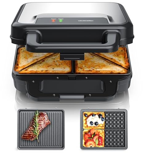 Arendo - Sandwichmaker XXL 4er - 3 in 1 Waffeleisen Kontaktgrill mit abnehmbaren Platten - mit Antihaftbeschichtung - BPA frei - Temperaturkontrolle – Sandwichtoaster - 4er Platten