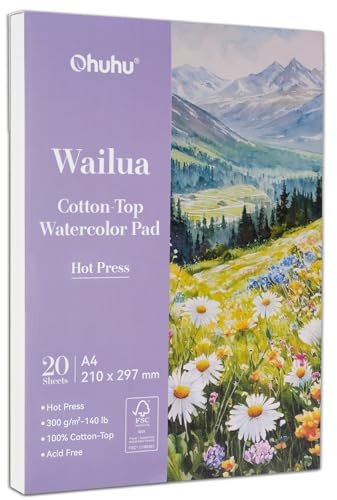 Ohuhu Carta per acquerelli, formato A4, 20 fogli 300 g/m², pressata a caldo, 100% cotone con tecnologia brevettata, blocco multimediale privo di acidi, per acquerelli, inchiostri e gouache
