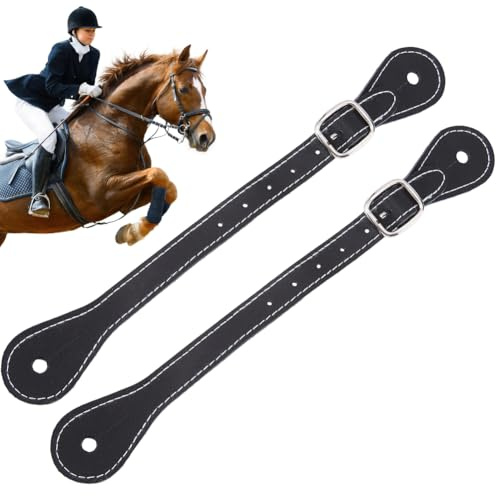 CALFOVERA 2PCS 22.5cm Genuine Leather Equestrian English Spur Straps with Buckle Adjustable Stability Cowhide Leather Stirrup Straps Double Ply Reinforced Stitching for Saddles Horse Riding(Black)