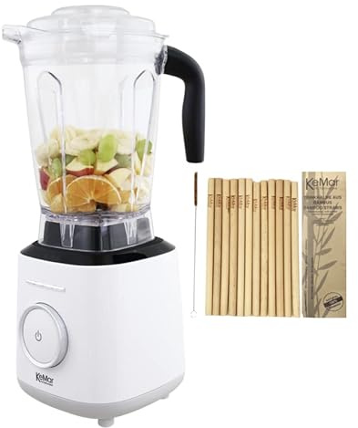 KeMar Standmixer, Hochleistungsmixer, Mixer (1500W, 2 Liter) + GRATIS Bambus Trinkhalme - mit Touch Bedienung, BPA-frei | 6 Programme, Blender, Pulse, Smoothie & Milchshakes, Nussmuss (Weiß)