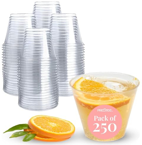 Prestee 250-Pack - 9oz Clear Plastic Cups - Durable Disposable Plastic Wine Glasses for Party, Weddings, and Catering - Small Drinking Glasses for Cocktails and Beverages - Heavy-Duty Fruit Punch Cups