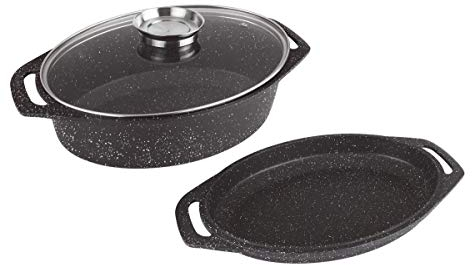 Kamberg Cazuela plana para horno, 3 piezas de 33.5 x 25.5 x 9.8 cm, aluminio fundido, revestimiento tipo piedra, todo tipo de fuentes de calor, incluida la inducción, sin PFOA